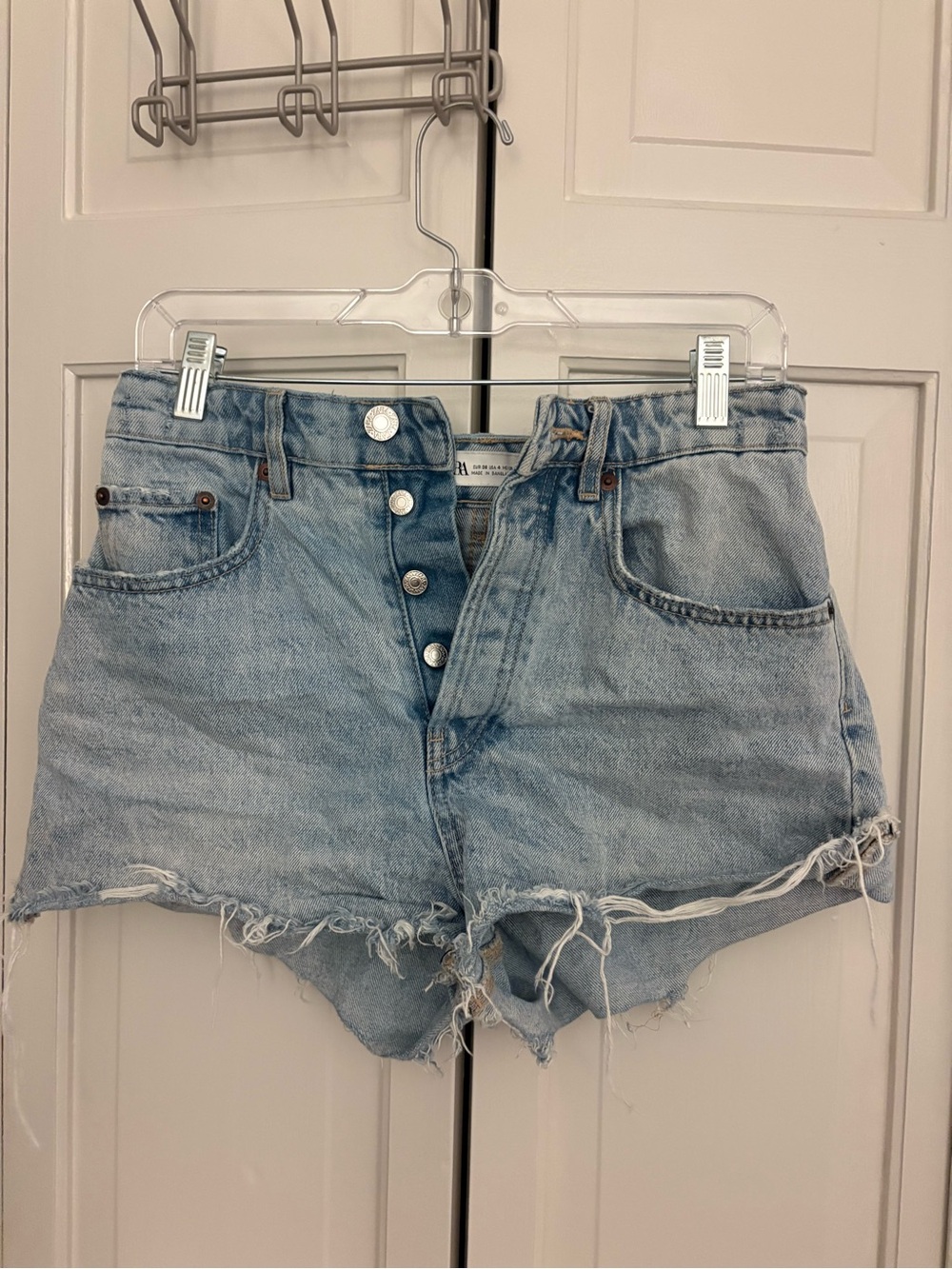 Zara Light Wash Button-Fly Distressed Denim Shorts